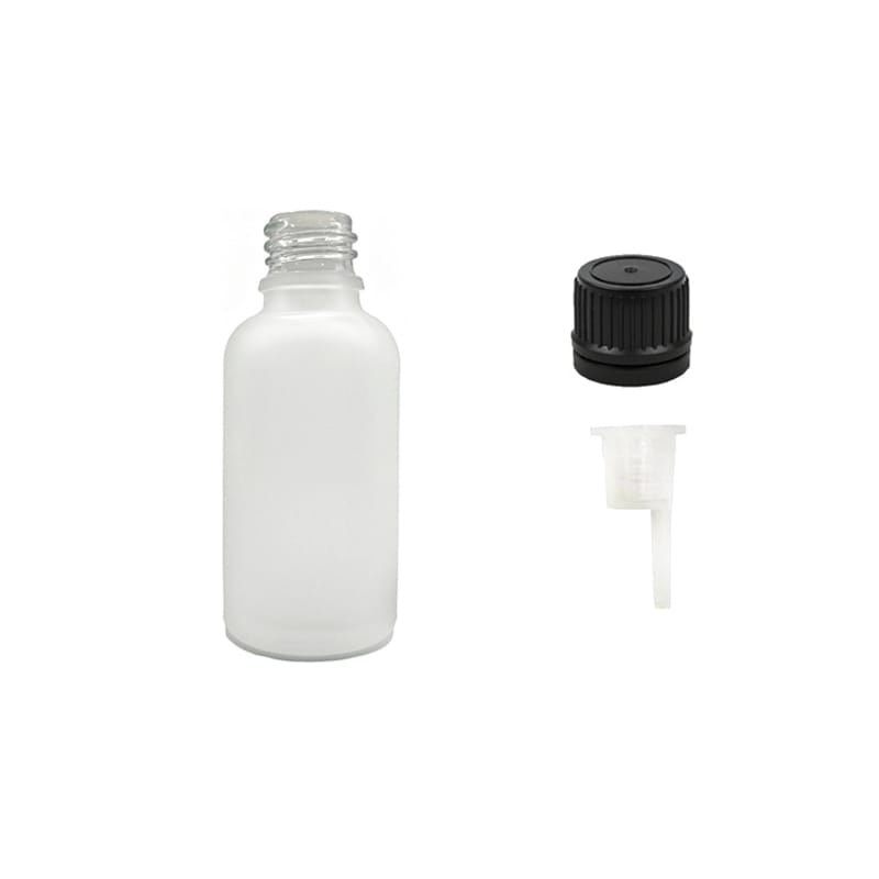 30ml Frosted Clear Glass Dropper Bottle with 0.6mm Dripper Insert and Tamper Evident Black Cap (Type II)