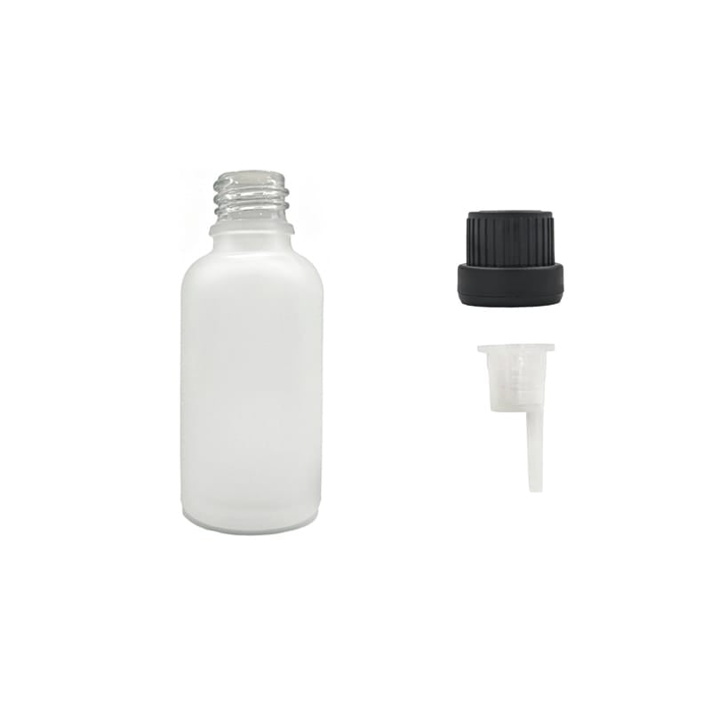 30ml Frosted Clear Glass Dropper Bottle with 0.6mm Dripper Insert and Tamper Evident Black Cap (Type III)