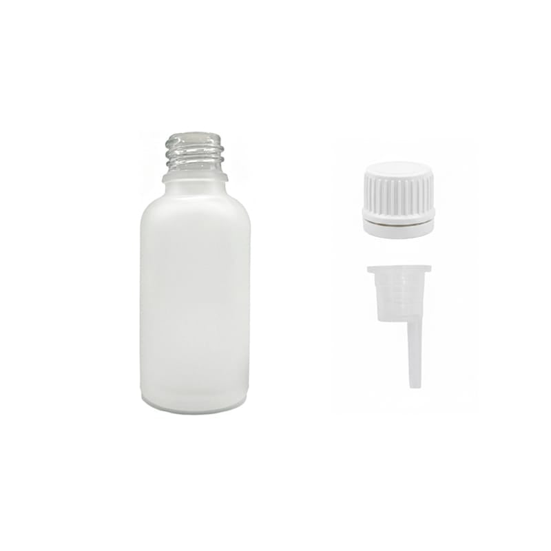 30ml Frosted Clear Glass Dropper Bottle with 0.6mm Dripper Insert and Tamper Evident White Cap (Type II)