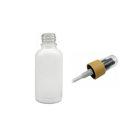 30ml Frosted Clear Glass Dropper Bottle with Black Lotion Pump with Bamboo Collar and Clear Over Cap