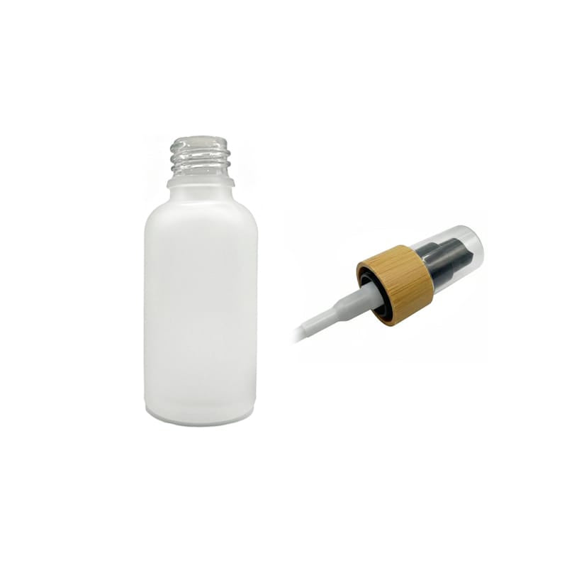 30ml Frosted Clear Glass Dropper Bottle with Black Lotion Pump with Bamboo Collar and Clear Over Cap