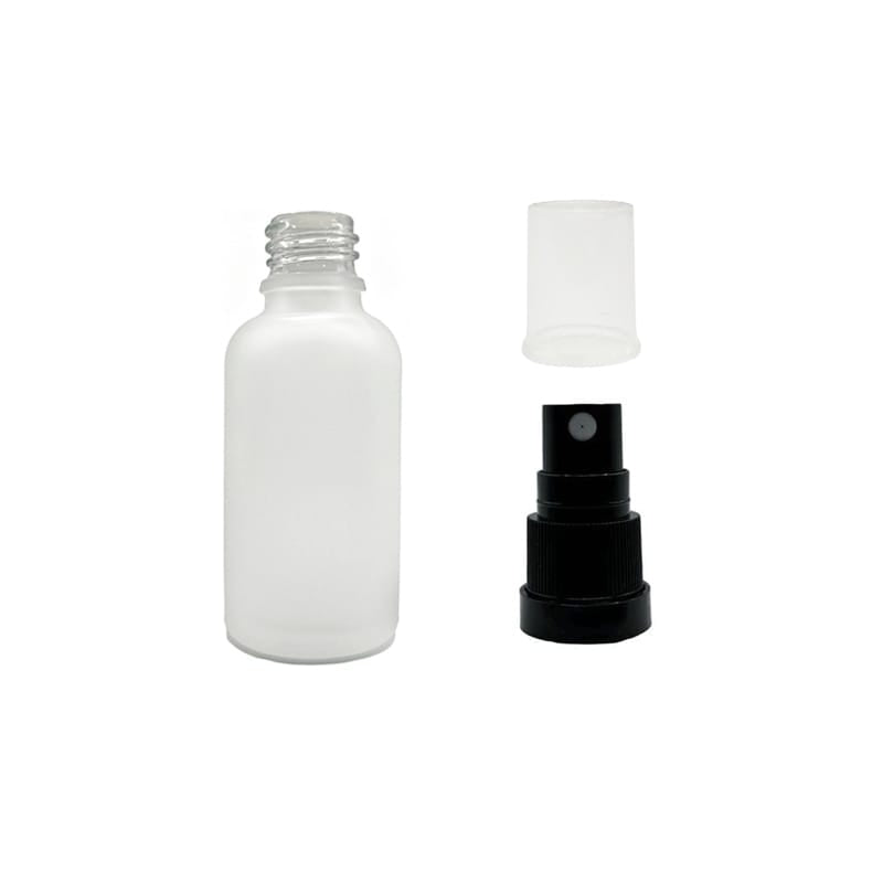 30ml Frosted Clear Glass Dropper Bottle with Black Tamper Evident Atomiser and Clear Over Cap (Type III)