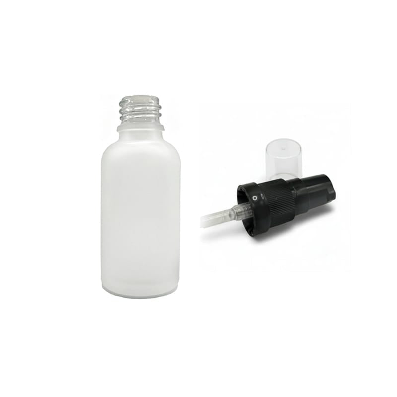 30ml Frosted Clear Glass Dropper Bottle with Black Tamper Evident Lotion Pump and Clear Over Cap (Type III)