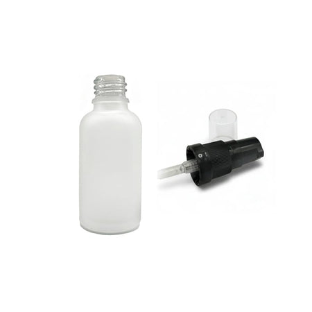 30ml Frosted Clear Glass Dropper Bottle with Black Tamper Evident Lotion Pump and Clear Over Cap (Type III)