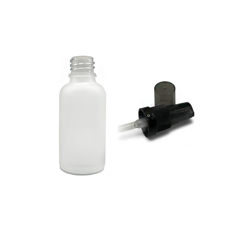 30ml Frosted Clear Glass Dropper Bottle with Black Tamper Evident Lotion Pump and Smoke Tinted Over Cap (Type III)