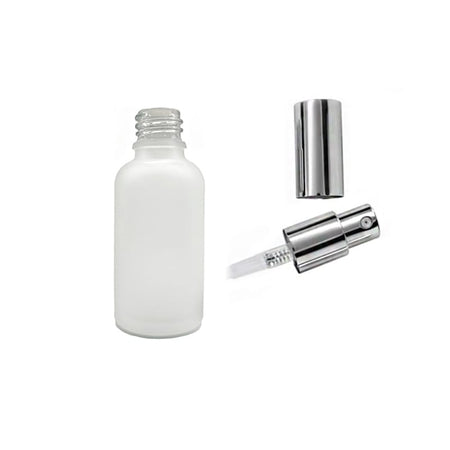 30ml Frosted Clear Glass Dropper Bottle with Silver Lotion Pump with Silver Over Cap