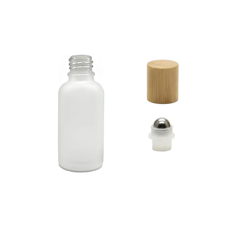 30ml Frosted Clear Glass Dropper Bottle with Stainless Steel Roller Ball Insert with Bamboo Cap