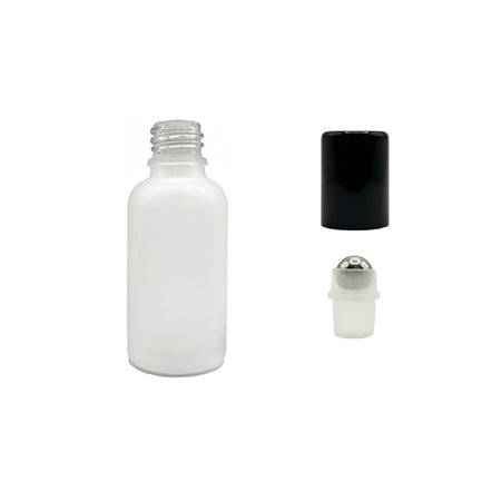 30ml Frosted Clear Glass Dropper Bottle with Stainless Steel Roller Ball with Metal Gloss Black Cap