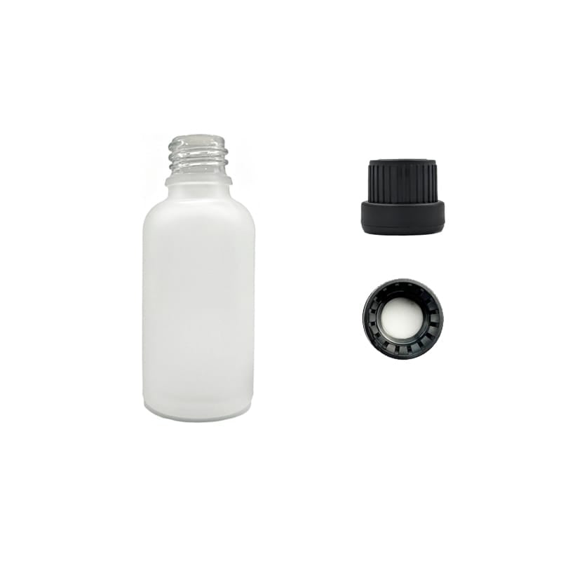 30ml Frosted Clear Glass Dropper Bottle with Tamper Evident Ribbed Black Cap and EPE Liner (Type III)