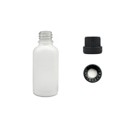 30ml Frosted Clear Glass Dropper Bottle with Tamper Evident Ribbed Black Cap and EPE Liner (Type III)
