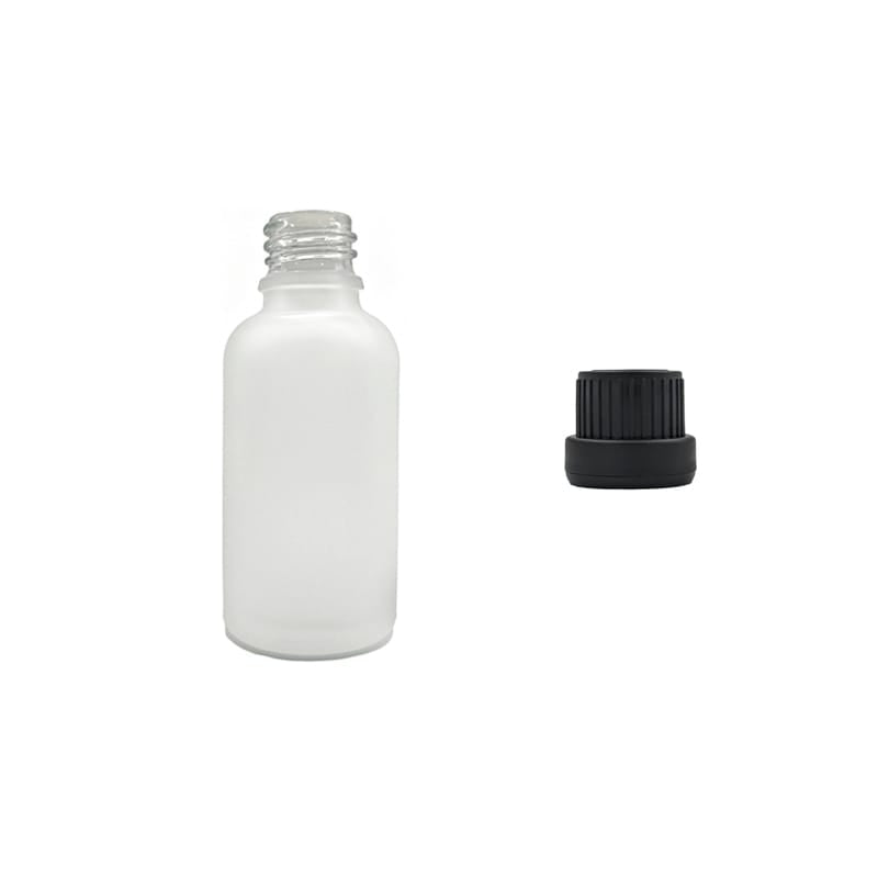 30ml Frosted Clear Glass Dropper Bottle with Tamper Evident Ribbed Black Cap (Type III)