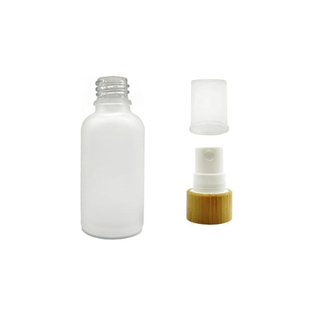 30ml Frosted Clear Glass Dropper Bottle with White Atomiser with Bamboo Collar and Clear Over Cap