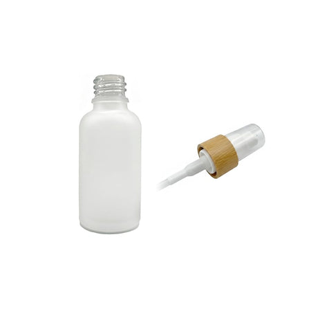 30ml Frosted Clear Glass Dropper Bottle with White Lotion Pump with Bamboo Collar and Clear Over Cap