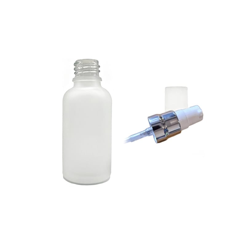 30ml Frosted Clear Glass Dropper Bottle with White Lotion Pump with Silver Collar and Clear Over Cap
