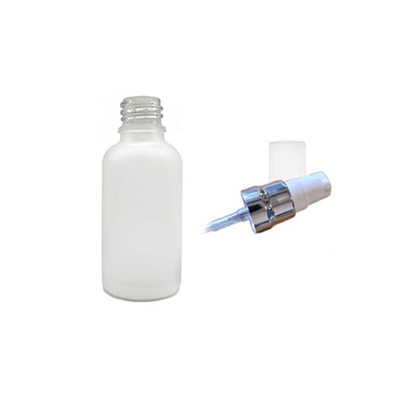 30ml Frosted Clear Glass Dropper Bottle with White Lotion Pump with Silver Collar and Clear Over Cap