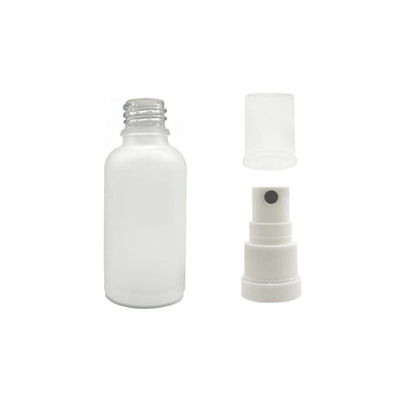 30ml Frosted Clear Glass Dropper Bottle with White Tamper Evident Atomiser and Clear Over Cap (Type III)