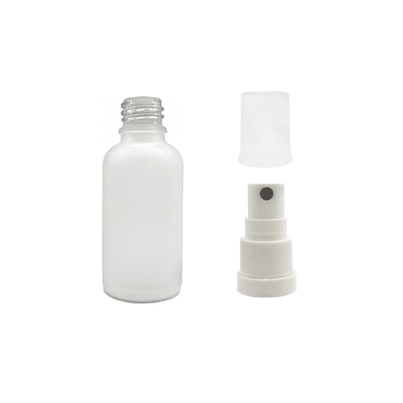 30ml Frosted Clear Glass Dropper Bottle with White Tamper Evident Atomiser and Clear Over Cap (Type III)