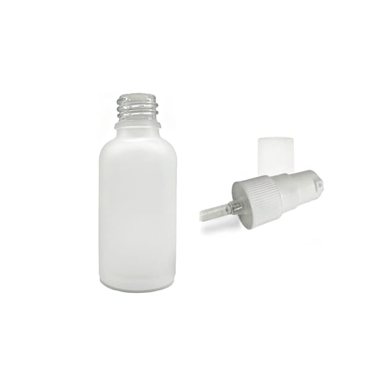 30ml Frosted Clear Glass Dropper Bottle with White Tamper Evident Lotion Pump and Clear Over Cap (Type III)