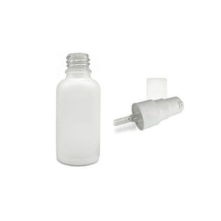 30ml Frosted Clear Glass Dropper Bottle with White Tamper Evident Lotion Pump and Clear Over Cap (Type III)