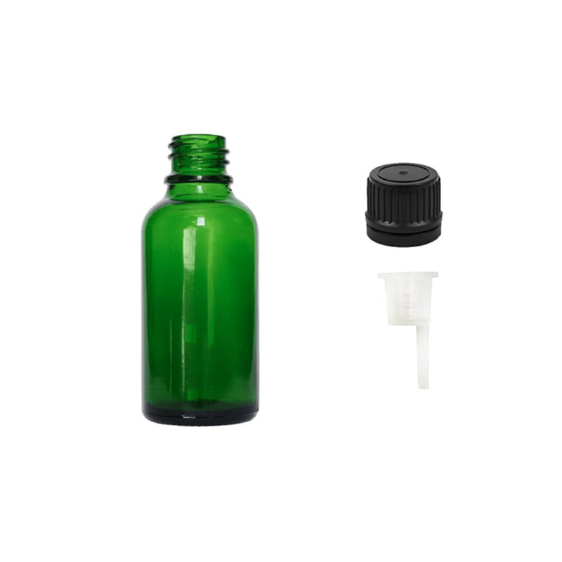 30ml Green Glass Dropper Bottle with 0.6mm Dripper Insert and Tamper Evident Black Cap (Type II)