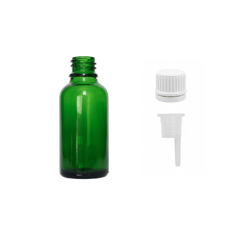 30ml Green Glass Dropper Bottle with 0.6mm Dripper Insert and Tamper Evident White Cap (Type II)
