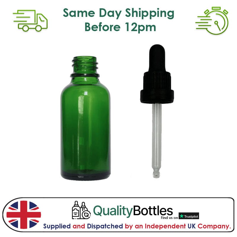 30ml Green Glass Dropper Bottle with 30ml Black TE BEP - Pack of 12
