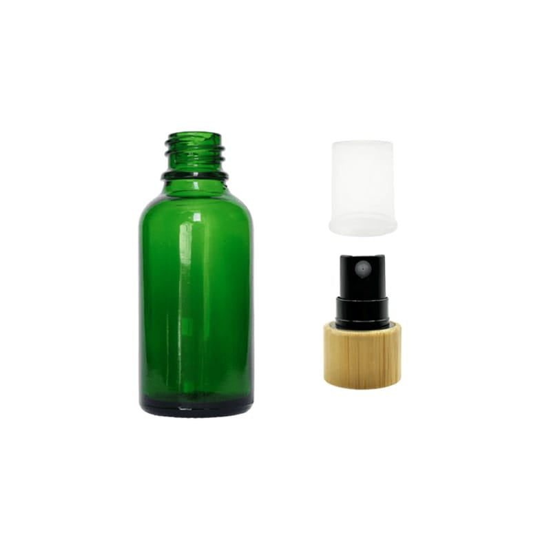 30ml Green Glass Dropper Bottle with Black Atomiser with Bamboo Collar and Clear Over Cap
