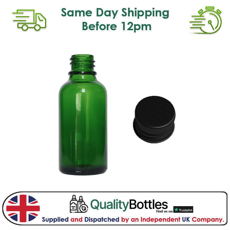 30ml Green Glass Dropper Bottle with Black DIN18 Cap - Pack of 12