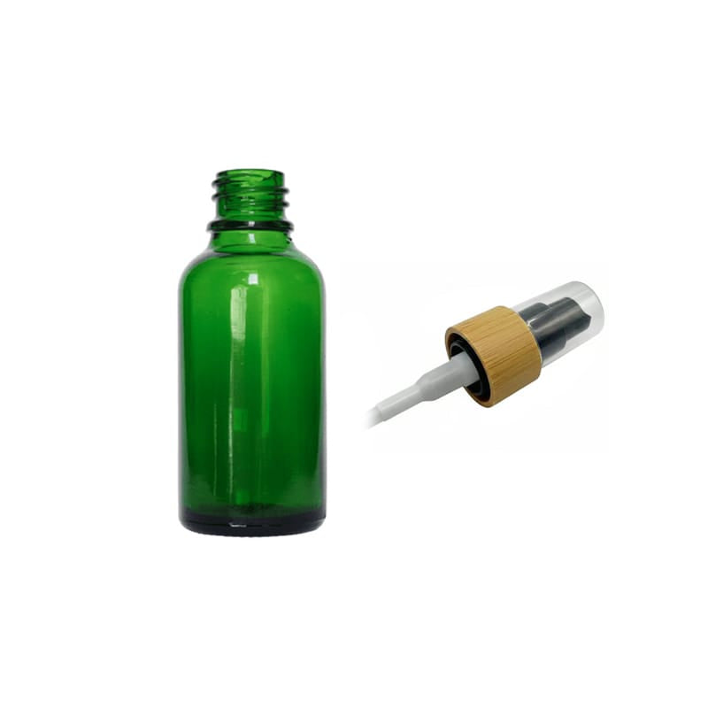 30ml Green Glass Dropper Bottle with Black Lotion Pump with Bamboo Collar and Clear Over Cap