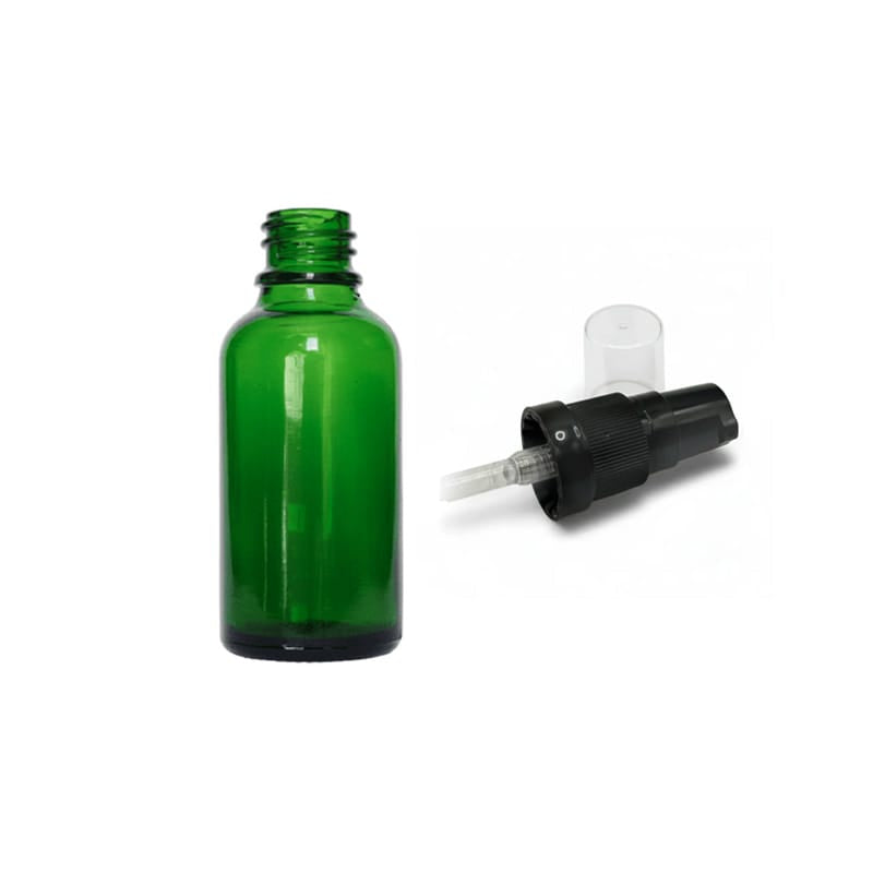 30ml Green Glass Dropper Bottle with Black Tamper Evident Lotion Pump and Clear Over Cap (Type III)