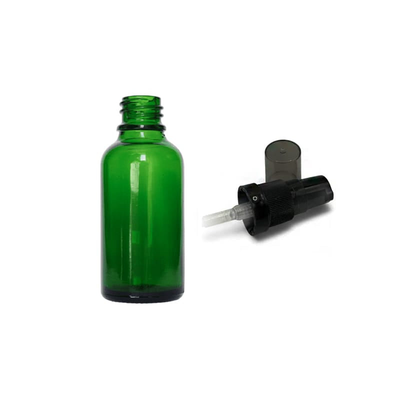 30ml Green Glass Dropper Bottle with Black Tamper Evident Lotion Pump and Smoke Tinted Over Cap (Type III)