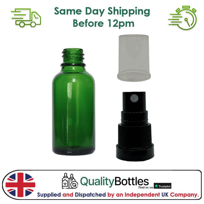 30ml Green Glass Dropper Bottle with Black TE Atomiser - Pack of 12