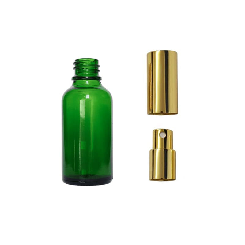 30ml Green Glass Dropper Bottle with Gold Atomiser with Gold Over Cap