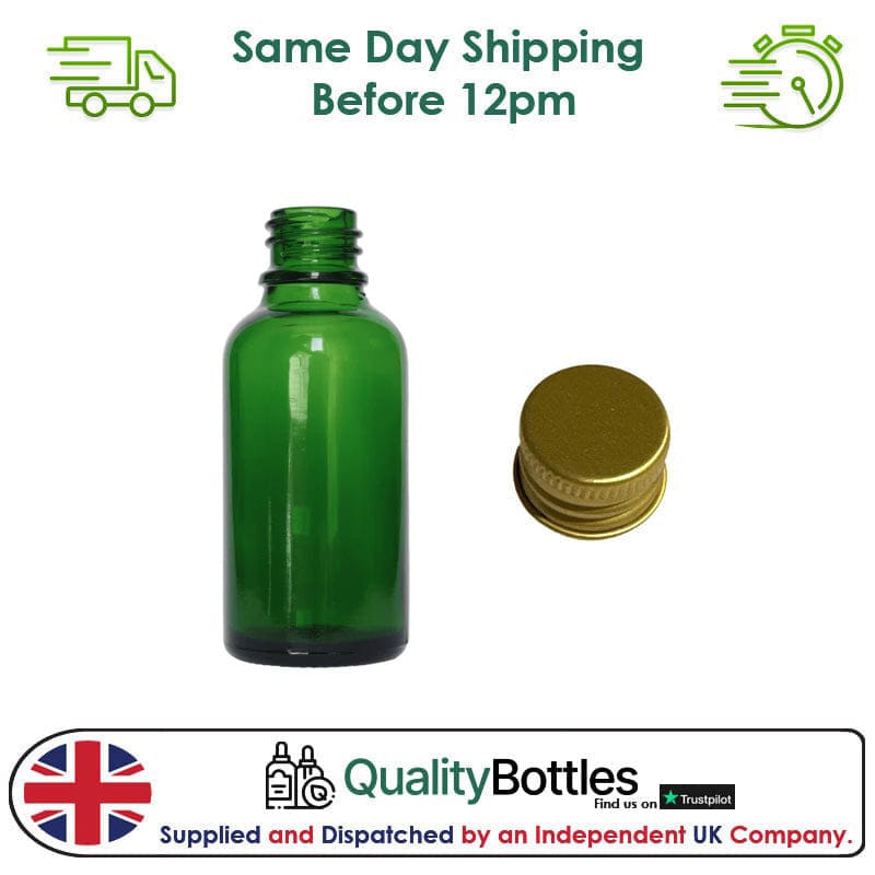 30ml Green Glass Dropper Bottle with Gold DIN18 Cap - Pack of 12