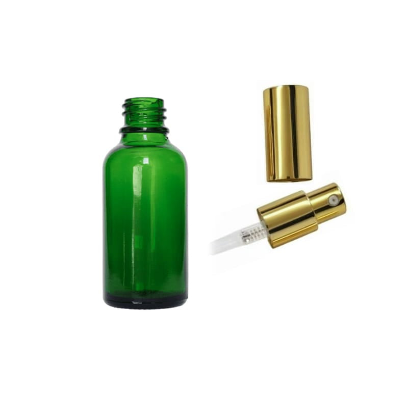 30ml Green Glass Dropper Bottle with Gold Lotion Pump with Gold Over Cap