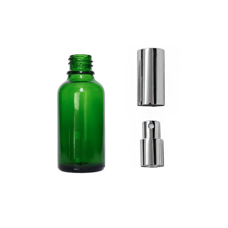 30ml Green Glass Dropper Bottle with Silver Atomiser with Silver Over Cap