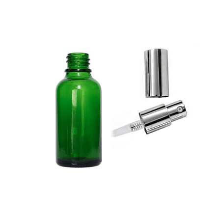 30ml Green Glass Dropper Bottle with Silver Lotion Pump with Silver Over Cap