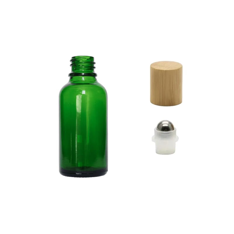 30ml Green Glass Dropper Bottle with Stainless Steel Roller Ball Insert with Bamboo Cap