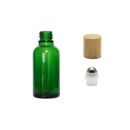 30ml Green Glass Dropper Bottle with Stainless Steel Roller Ball Insert with Bamboo Cap