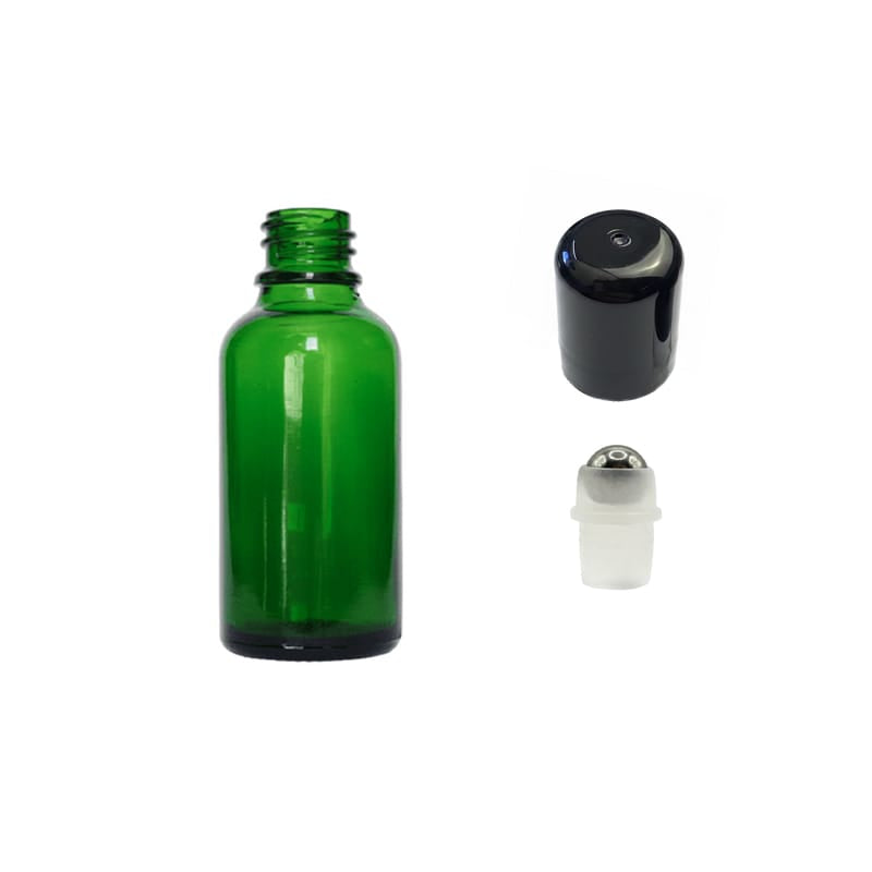 30ml Green Glass Dropper Bottle with Stainless Steel Roller Ball with Plastic Black Cap