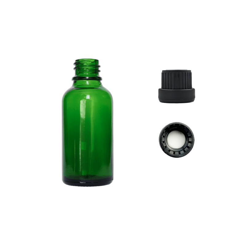 30ml Green Glass Dropper Bottle with Tamper Evident Ribbed Black Cap and EPE Liner (Type III)