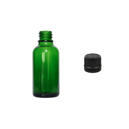 30ml Green Glass Dropper Bottle with Tamper Evident Ribbed Black Cap (Type II)