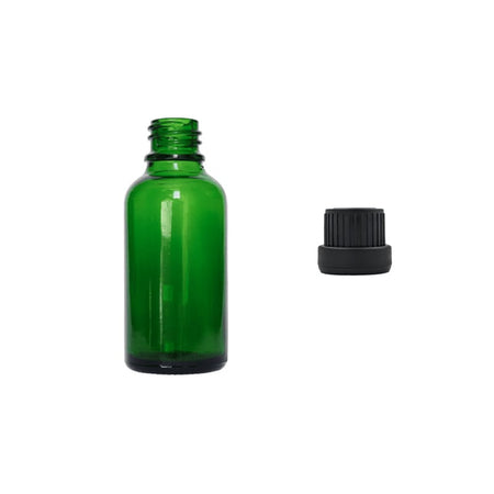30ml Green Glass Dropper Bottle with Tamper Evident Ribbed Black Cap (Type III)