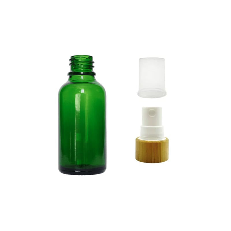 30ml Green Glass Dropper Bottle with White Atomiser with Bamboo Collar and Clear Over Cap