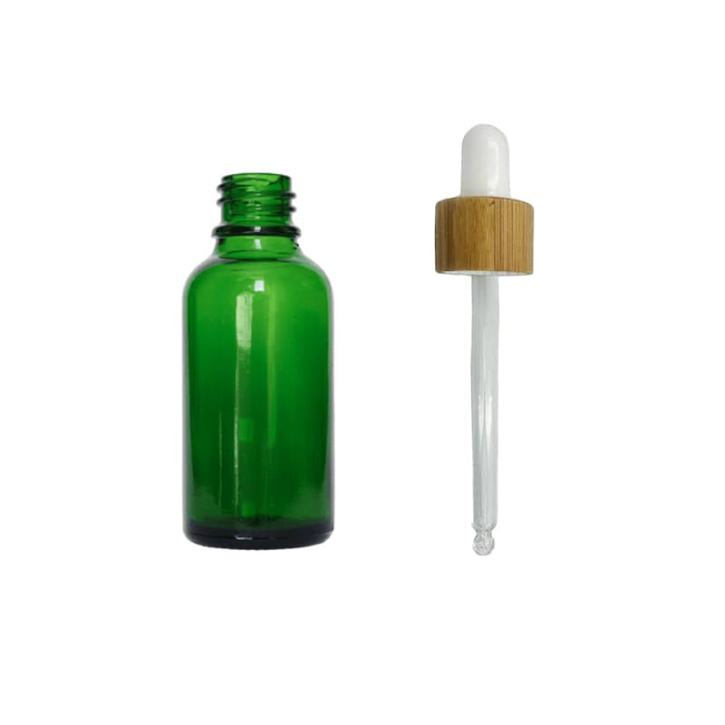 30ml Green Glass Dropper Bottle with White Bamboo Dropper