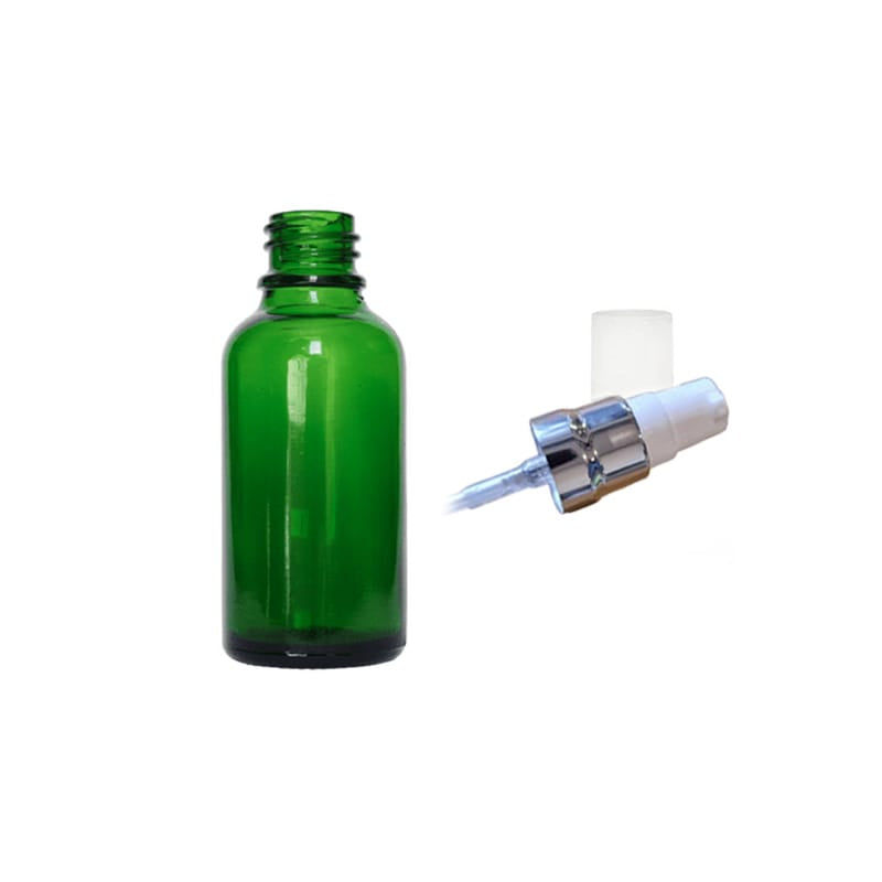 30ml Green Glass Dropper Bottle with White Lotion Pump with Silver Collar and Clear Over Cap