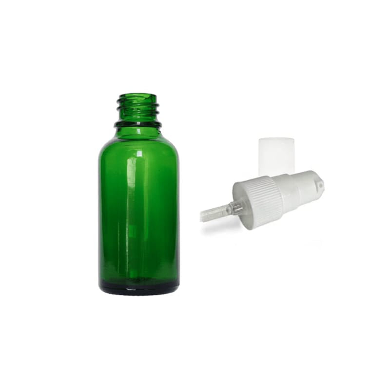 30ml Green Glass Dropper Bottle with White Tamper Evident Lotion Pump and Clear Over Cap (Type III)