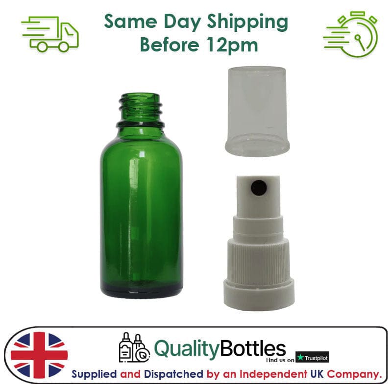 30ml Green Glass Dropper Bottle with White TE Atomiser - Pack of 12