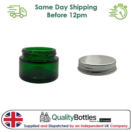 30ml Green Glass Jar With Silver Aluminium Lid - Pack of 15