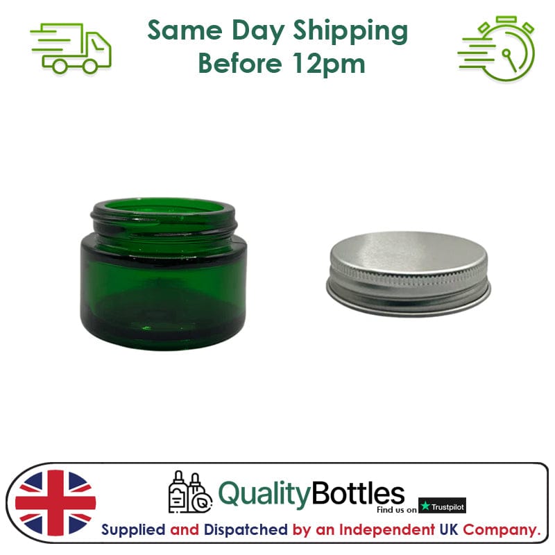 30ml Green Glass Jar With Silver Aluminium Lid - Pack of 15